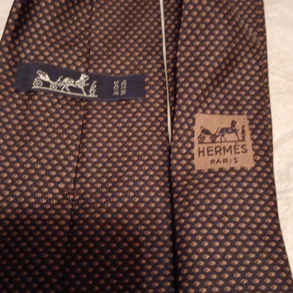 VINTAGE HERMES BLACK & BROWN SILK TIE - Picture 3 of 4
